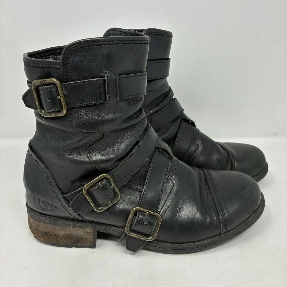 UGG Finney Black Suede 3 Buckle Strap Motorcycle Cap Toe & Zip Mid Calf Boots 8